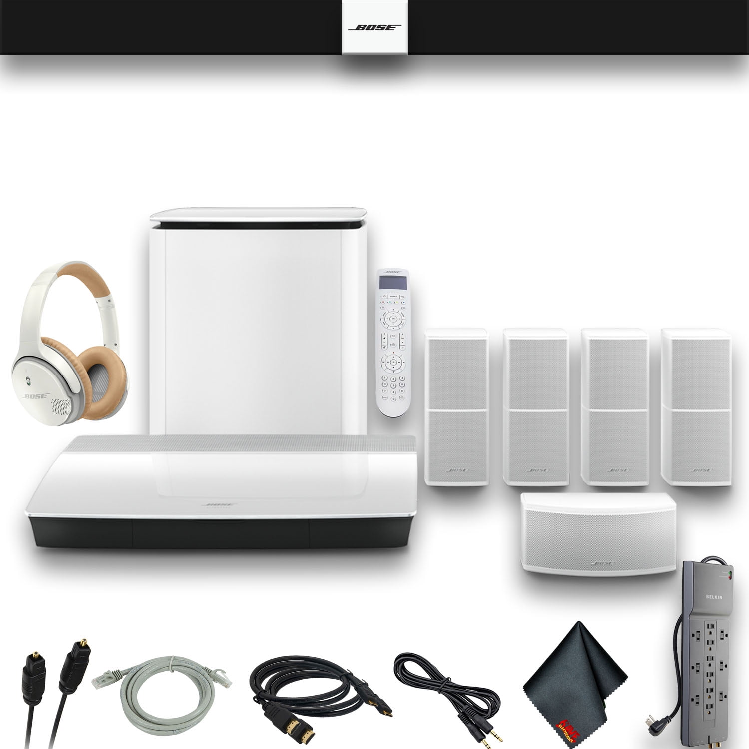 bose lifestyle 600 home theater system with jewel cube speakers (white) w optical cable, hdmi cables, aux cable, powerstrip, premium headphones and home theater bose surround sound bose lifestyle 600 home theater system